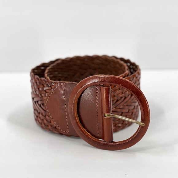 Vintage Accessories - Womens Braided Woven Oversized Wide Leather Belt Cognac Brown Size Small